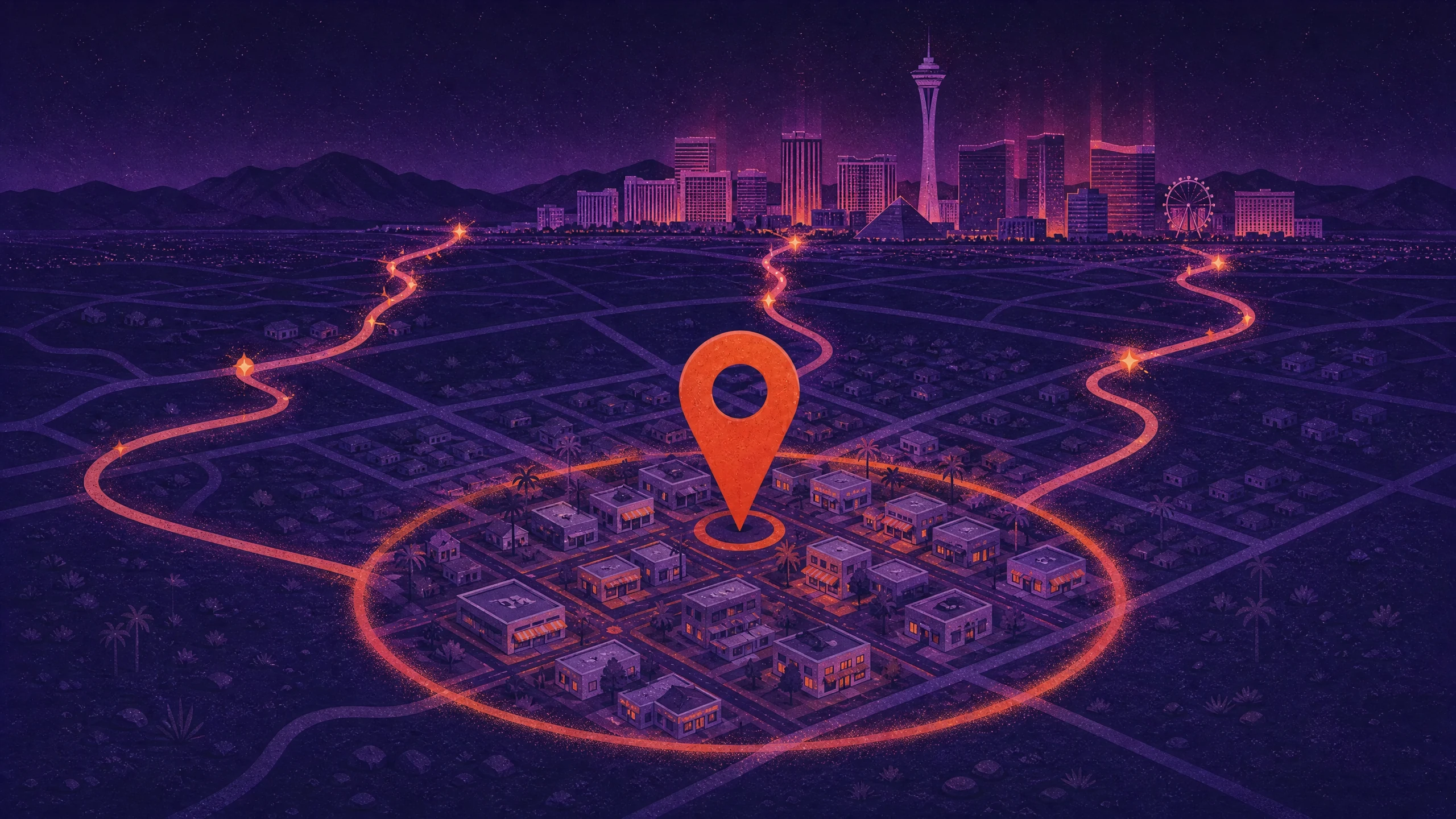 Flat grainy illustration of an off-Strip Las Vegas neighborhood highlighted by a location pin and converging search paths