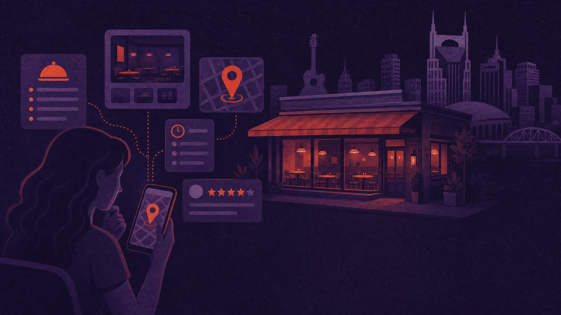 Flat grainy illustration of diners comparing a Nashville restaurant online before visiting