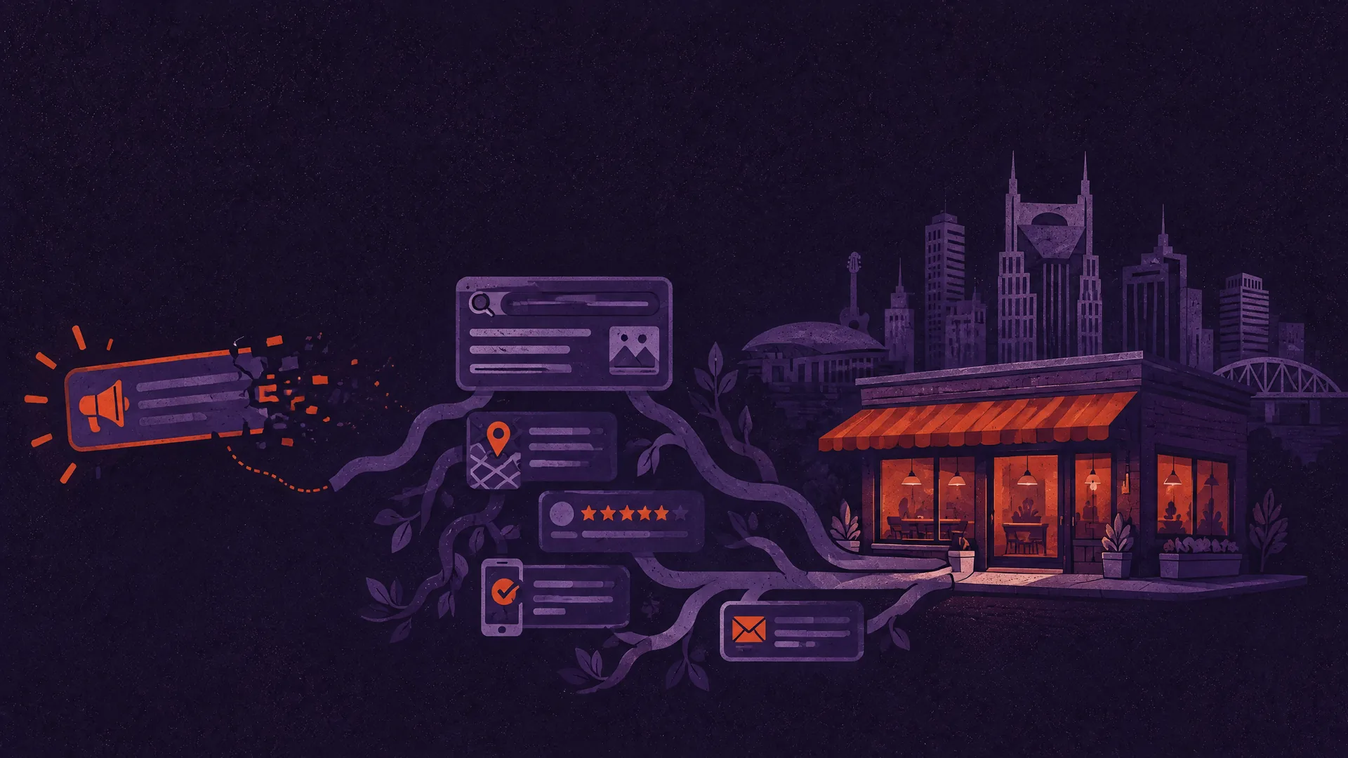 Flat grainy illustration of a Nashville small business building organic search visibility while a paid ad fades away