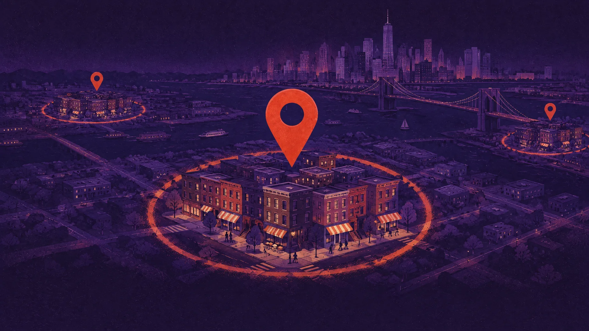 Flat grainy NYC illustration of an orange location pin above brownstone storefronts inside a neighborhood walkshed, with a bridge and Manhattan skyline behind them